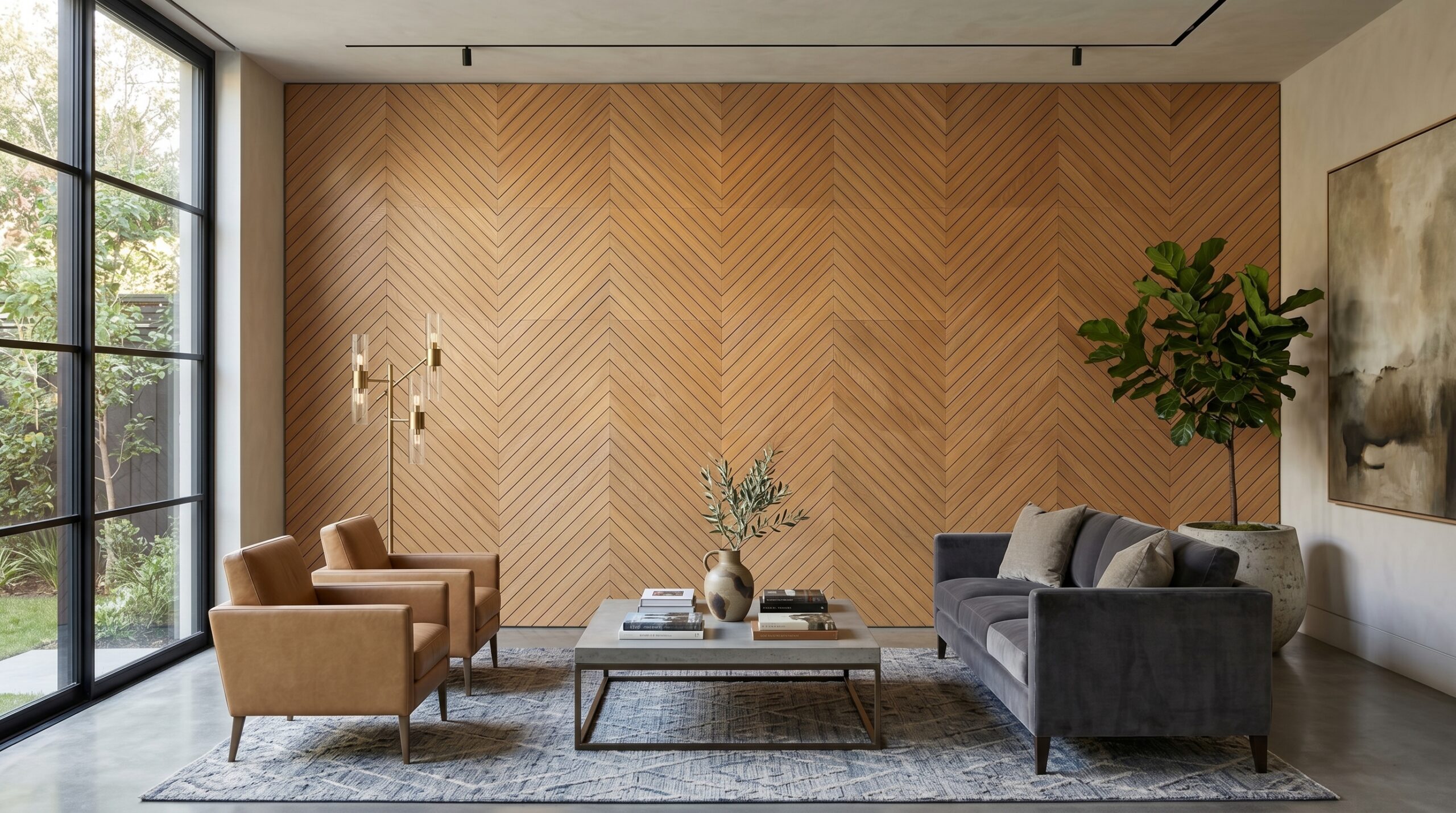 Modern living room with a chevron wood panel wall, large floor-to-ceiling windows, gray sofa, tan leather chairs, and a glass coffee table with books and decor.