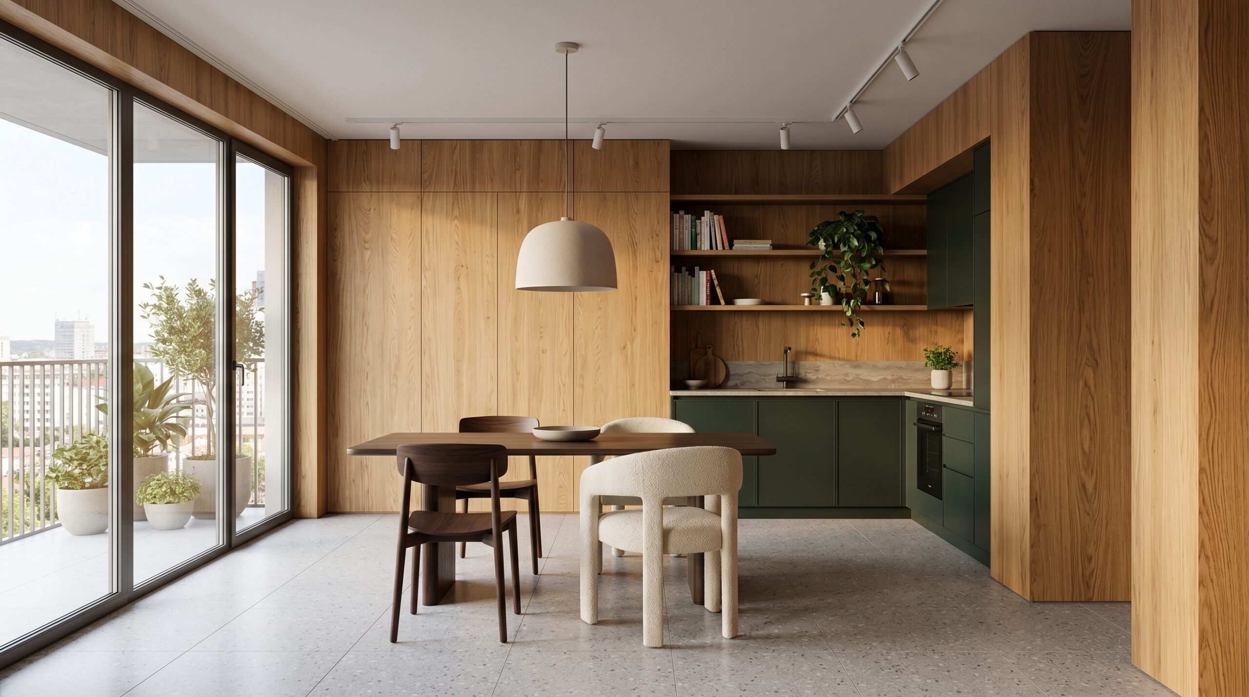 Sunlit kitchen and dining area with oak wood paneling, a wooden dining table, and green lower cabinets along the wall. A cream pendant light hangs above the table, and large glass doors open to a balcony with potted plants.