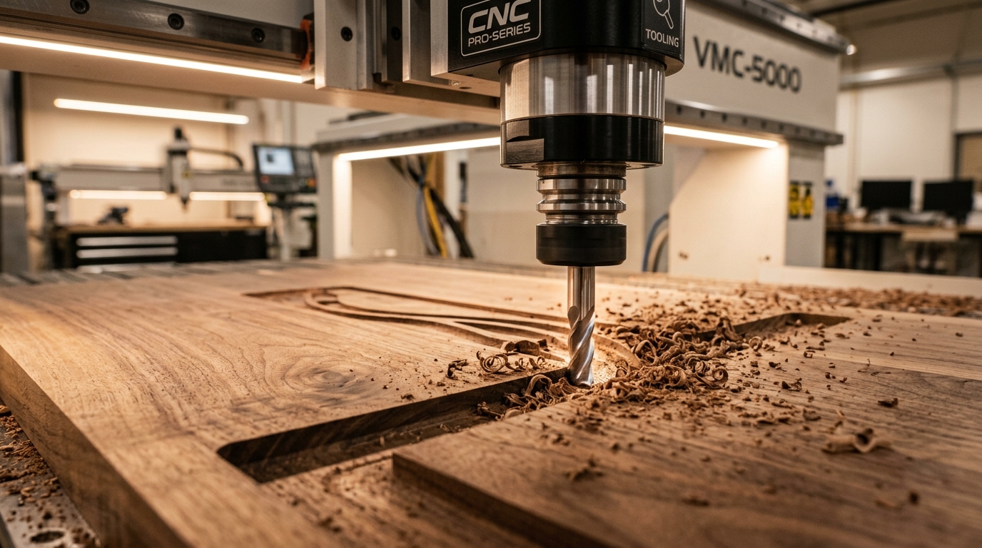 CNC milling machine cutting a wooden board; the spinning drill bit removes shavings, creating curled wood chips and grooves.